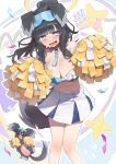  1girl :d absurdres animal_ears bare_shoulders black_hair blue_archive blue_eyes blue_skirt blush breasts cleavage collarbone crop_top fake_animal_ears gloves hairband halo hibiki_(blue_archive) highres holding keureu_(tiqkdtiqkd10) large_breasts long_hair looking_at_viewer midriff miniskirt navel open_mouth pleated_skirt pom_pom_(cheerleading) ponytail skirt smile standing sweat thighs 