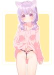  1girl animal_ear_fluff animal_ears ass_visible_through_thighs blush bow cat_ears clothes_lift cowboy_shot drawstring highres hood hoodie hoodie_lift lifted_by_self long_hoodie looking_at_viewer low_twintails medium_hair mutou_mato original parted_lips pink_bow pink_hoodie purple_eyes purple_hair pussy sleeves_past_wrists solo twintails two-tone_background wedgie 