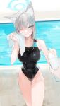  1girl 1other ;) absurdres animal_ear_fluff animal_ears aqua_eyes blue_archive blush bottle breasts collarbone competition_swimsuit extra_ears giving grey_hair groin halo highres holding holding_bottle large_breasts looking_at_viewer official_alternate_costume one-piece_swimsuit one_eye_closed oyabuli pov pov_hands shiroko_(blue_archive) shiroko_(swimsuit)_(blue_archive) smile solo_focus swimsuit tumbler water_drop wet wet_clothes wet_hair wolf_ears 