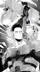  2boys absurdres ankle_boots asymmetrical_eyebrows bara belt bodysuit boku_no_hero_academia boots can canned_coffee chromatic_aberration closed_mouth closing covered_abs endeavor_(boku_no_hero_academia) eye_contact facial_hair facial_mark feathered_wings fire forked_eyebrows frown fur-trimmed_jacket fur-trimmed_sleeves fur_trim glowing greyscale hair_slicked_back hands_in_pockets happy hawks_(boku_no_hero_academia) headphones highres holding holding_can jacket leaning_to_the_side looking_at_another looking_to_the_side lower_teeth_only male_focus mature_male messy_hair midair migi_(mm86262394) monochrome multiple_boys muscular muscular_male open_mouth pants sanpaku scar scar_across_eye scar_on_face short_hair sideburns smile socks spiked_hair split_mouth spoilers stubble teeth tight_clothes triangle turning_head upper_body upside-down white_background wings 
