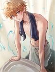  1boy genshin_impact grey_eyes hair_between_eyes highres male_focus navel orange_hair pponnya short_hair solo tartaglia_(genshin_impact) topless_male towel towel_around_neck towel_around_waist water_drop 