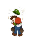  ! 2boys blue_eyes blue_overalls brothers brown_footwear brown_hair cabbie_hat closed_eyes elephant_luigi facial_hair glomp gloves green_headwear hat height_difference highres hug initial letter_print light_blush luigi mario mario_(series) mimimi_(mimimim9999) multiple_boys mustache mutual_hug outstretched_arms overalls red_headwear shoes siblings size_difference spoken_exclamation_mark super_mario_bros._wonder transformation white_gloves 