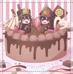  1boy 1girl black_headwear cake candy chibi chocolate chocolate_cake family_crest fate/grand_order fate_(series) food hat heart heart-shaped_chocolate highres long_hair long_sleeves oda_nobukatsu_(fate) oda_nobunaga_(fate) oda_uri peaked_cap ponytail red_eyes siblings skull yzrh0 