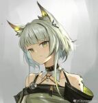  1girl animal_ears arknights cat_ears chunhwei_lee closed_mouth dress expressionless green_dress green_eyes grey_background grey_hair head_tilt kal&#039;tsit_(arknights) looking_at_viewer looking_to_the_side off-shoulder_dress off_shoulder portrait short_hair sketch solo weibo_logo weibo_username 