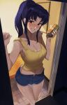  1girl absurdres arm_support armpits bare_arms blue_shorts blush breasts can cleavage collarbone crop_top cutoffs denim denim_shorts doorway drink entrance feet_out_of_frame grin highres holding holding_drink katsuragi_misato leg_up long_hair looking_at_viewer medium_breasts midriff nasubin_(nasubisamurai15) navel neon_genesis_evangelion open_fly parted_bangs ponytail purple_eyes purple_hair short_shorts shorts sidelocks smile solo standing standing_on_one_leg strap_slip tank_top teeth thigh_gap thighs tile_floor tiles wooden_floor yellow_tank_top 