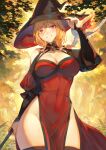  1girl blonde_hair breasts cleavage covered_navel dress grin hat highres holding holding_weapon large_breasts lilith_(hijiri_kishi_sonia-san) looking_at_viewer mashuu_(neko_no_oyashiro) original red_dress red_eyes sidelocks smile solo thighhighs weapon witch witch_hat 