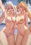  2girls :d absurdres alternate_costume arm_up armpits arms_behind_back beach bikini blonde_hair blue_eyes blue_sky breasts cloud collarbone day fate/grand_order fate_(series) gold_bikini high_ponytail highres jeanne_d&#039;arc_(fate) jeanne_d&#039;arc_(swimsuit_archer)_(fate) kakeku large_breasts long_hair marie_antoinette_(fate) marie_antoinette_(swimsuit_caster)_(fate) medium_breasts multiple_girls navel open_mouth outdoors sky smile stomach strap_gap swimsuit thighs twintails very_long_hair white_bikini white_hair 