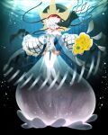  1girl bare_shoulders black_sclera breasts colored_sclera colored_skin detached_sleeves dress fate/grand_order fate_(series) flower full_body hazuki-a highres large_hat see-through see-through_dress short_hair small_breasts solo sunflower underwater van_gogh_(fate) van_gogh_(third_ascension)_(fate) white_eyes white_hair white_skin wide_sleeves 