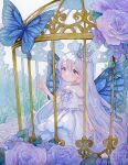  1girl birdcage blue_bow blue_butterfly blue_ribbon bow bug butterfly butterfly_wings cage crown detached_sleeves double-parted_bangs dress dress_bow dress_flower feet_out_of_frame flower hair_between_eyes in_cage layered_dress leaf long_hair looking_at_animal looking_up multicolored_eyes original painting_(medium) pink_eyes plant puckered_lips purple_eyes purple_flower purple_rose ribbon rose short_sleeves sleeveless sleeveless_dress solo tilted_headwear traditional_media vines waist_ribbon watercolor_(medium) white_background white_dress white_hair wings yachi_waki 