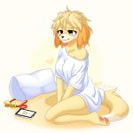  animal_crossing anthro blonde_hair canid canine clothed clothing feet female fluffy_hinu fur hair hi_res isabelle_(animal_crossing) mammal nintendo pawpads paws pillow shirt sitting solo tail tired topwear white_clothing white_shirt white_topwear yellow_body yellow_eyes yellow_fur yellow_tail 