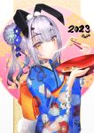  1girl 2023 absurdres animal_ears asobeco bangs blue_kimono blush bowl breasts chopsticks dumpling eating fairy_knight_lancelot_(fate) fake_animal_ears fate/grand_order fate_(series) floral_print flower food forked_eyebrows fur_collar hair_bun hair_flower hair_ornament highres japanese_clothes jewelry kimono long_hair long_sleeves looking_at_viewer neck_ring rabbit_ears sash sidelocks single_hair_bun small_breasts solo white_hair wide_sleeves yellow_eyes 