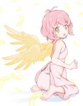  1girl angel angel_wings bangs blush dress feathers green_eyes harpy_(puyopuyo) highres jazz_grace looking_at_viewer madou_monogatari open_mouth pink_hair puyopuyo short_hair simple_background sitting solo white_background white_dress wings yellow_wings 