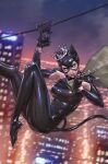  1girl blurry catwoman cityscape crown dc_comics depth_of_field green_eyes highres holding holding_sack jee-hyung_lee jewelry outdoors sack zipline 