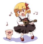  1girl animal beamed_sixteenth_notes black_skirt black_vest blonde_hair blush collared_shirt eighth_note full_body hair_between_eyes hair_ribbon long_sleeves musical_note open_mouth pig quarter_note red_eyes red_footwear red_ribbon ribbon rokugou_daisuke rumia shirt shoes short_hair signature simple_background skirt smile socks solo touhou vest white_background white_shirt white_socks 