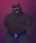  absurd_res anthro black_body black_fur black_nose blue_briefs blue_clothing blue_underwear briefs briefs_only bulge clothed clothing detailed_background ear_piercing fur hi_res male moon muscular muscular_male nderwear_only night open_mouth orange_eyes outside patterned_briefs piercing purple_clothing purple_seam_briefs purple_sky purple_underwear sharp_teeth smile solo star teeth teeth_showing tongue_showing topless underwear underwear_only vasuki 