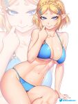  1girl bikini blonde_hair blue_bikini blue_eyes blush braid breasts commentary crown_braid elf etchimune hand_up large_breasts looking_at_viewer navel pointy_ears princess_zelda short_hair simple_background sitting smile solo stomach swimsuit the_legend_of_zelda the_legend_of_zelda:_tears_of_the_kingdom thighs white_background zoom_layer 