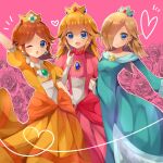  3girls :d ;o absurdres blonde_hair blue_dress blue_eyes brown_hair crown dress earrings flower heart highres jewelry mario_(series) multiple_girls one_eye_closed orange_dress pink_dress princess_daisy princess_peach rosalina rushin smile 