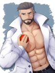  1boy abs absurdres bara beard daji_takaishi_(takai_43) facial_hair frown grey_hair highres holding holding_poke_ball lab_coat large_pectorals looking_at_viewer male_focus mature_male muscular muscular_male navel nipples open_clothes open_labcoat pectorals poke_ball pokemon pokemon_(game) pokemon_sv short_hair solo stomach thick_eyebrows turo_(pokemon) two-tone_background undercut upper_body 