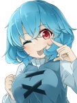  1girl ;p blue_hair breasts closed_mouth commentary cross-laced_clothes crossed_bangs highres large_breasts long_sleeves looking_at_viewer one_eye_closed red_eyes short_hair simple_background smile solo tatara_kogasa tongue tongue_out touhou tyouseki upper_body white_background 