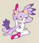 1girl absurdres blaze_the_cat bodysuit cat_girl cat_tail eyelashes forehead_jewel furdy furry furry_female highres one_eye_closed ponytail purple_fur simple_background sitting sonic_(series) stretching tail white_bodysuit 