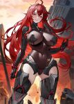  1girl absurdres ahoge arm_armor armored_boots armored_leotard ass_visible_through_thighs blush bodystocking boobplate boots breasts commentary covered_navel floating_hair goddess_of_victory:_nikke grin hair_between_eyes hair_intakes highres large_breasts long_hair looking_at_viewer nihilister_(nikke) orange_sky outdoors red_eyes red_hair sama_(sama24654684) see-through_cleavage sidelocks skindentation sky smile solo standing teeth torn_bodystocking torn_clothes 