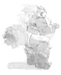  anthro asian_clothing belly butt canid canine clothing east_asian_clothing fundoshi goemon_(tas) greyscale hair hi_res japanese_clothing lifewonders long_hair male mammal monochrome moobs nipples overweight ponytail raccoon_dog solo tanuki tokyo_afterschool_summoners tuokemao underwear 