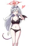  1girl absurdres black_wings blue_archive breasts cleavage closed_eyes demon_girl demon_tail demon_wings eyewear_on_head grey_hair halo haruna_(blue_archive) heart highres large_breasts simple_background solo sunglasses swimsuit tail thighs white_background wings yukki_bunny 