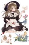  1girl :o animal_ears apron apron_lift bird bird_on_hand black_bow black_bowtie black_dress black_eyes black_footwear black_headwear blue_bow blunt_bangs blush_stickers bow bowtie brown_eyes brown_hair buttons capelet dog dog_ears dress fingernails flower food frilled_dress frilled_hat frilled_sleeves frills fruit full_body grass hat hat_flower hat_ribbon lifted_by_self loafers long_hair long_sleeves looking_at_animal medium_dress open_mouth original outstretched_hand pink_flower pink_rose pom_pom_(clothes) puffy_long_sleeves puffy_sleeves purple_flower putong_xiao_gou ribbon rose sample_watermark shoes sitting sleeves_past_elbows smile socks solid_circle_eyes solo strawberry turtleneck_capelet wariza watermark white_apron white_background white_bird white_capelet white_flower white_ribbon white_rose white_socks yellow_flower 