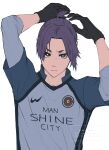  1boy arms_up black_gloves blue_lock blue_shirt closed_mouth collared_shirt gloves highres lllou_illust looking_at_viewer male_focus mikage_reo purple_eyes purple_hair shirt short_eyebrows short_hair short_ponytail simple_background soccer_uniform solo sportswear twitter_username upper_body v-shaped_eyebrows white_background 