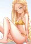  1girl artist_name barefoot blonde_hair blush bra breasts commentary elf from_side gradient_background green_eyes grey_background highres kein_hasegawa knee_up long_hair looking_at_viewer medium_breasts original panties parted_lips pointy_ears shadow signature sitting underwear underwear_only very_long_hair yellow_bra yellow_panties 