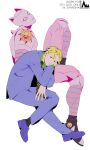  2boys animal_ears blonde_hair cat_ears cheekbones diamond_wa_kudakenai formal highres jojo_no_kimyou_na_bouken killer_queen kira_yoshikage knee_pads male_focus morikiri multiple_boys necktie purple_suit sandals slit_pupils stand_(jojo) suit 