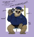  anthro bear bottomwear brokowski brown_body brown_fur clothed clothing fur hate humanoid male mammal overweight overweight_male phone phone_call profanity public purple_nose shorts solo sweater topwear train vehicle 