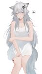  1girl absurdres animal_ears arknights dress feet_out_of_frame grey_eyes grey_hair hair_between_eyes hair_ornament hairclip highres l_eri lappland_(arknights) long_hair looking_at_viewer scar scar_across_eye simple_background sitting solo spoken_squiggle squiggle tail very_long_hair white_background white_dress wolf_ears wolf_girl wolf_tail 