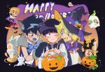  4boys animal_ears animal_hands ascot basket bat_(animal) black_background black_bow black_hair black_jacket blonde_hair blue_bow blue_eyes blush_stickers bow bowtie brown_hair buttons candle candlestand cape castle chibi crescent dress_shirt ekubo_(mob_psycho_100) fang fur-trimmed_vest ghost ghost_costume gradient_bow hair_between_eyes hanazawa_teruki happy_halloween hat hat_bow holding holding_basket holding_candle horns jacket kageyama_ritsu kageyama_shigeo kemonomimi_mode long_sleeves male_focus mob_psycho_100 multiple_boys one_eye_closed open_mouth purple_bow reigen_arataka shirt short_hair skin_fang sparkle striped striped_bow suspenders tail vampire_costume werewolf_costume witch_hat wolf_ears wolf_tail zikko_100 