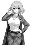  1girl alternate_costume belt breasts closed_mouth cowboy_shot greyscale jewelry kazami_yuuka large_breasts long_sleeves monochrome necklace onkn_sxkn pants short_hair simple_background smile solo sweater touhou white_background 