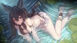  1girl all_fours animal_ears arm_ribbon arm_support ass backless_swimsuit bags_under_eyes bare_back bare_shoulders black_hair black_one-piece_swimsuit blush braid breasts breasts_squeezed_together butt_crack casual_one-piece_swimsuit cleavage ear_piercing earrings erune from_above granblue_fantasy hair_between_eyes highres jewelry lily_pad long_hair long_sleeves looking_at_viewer looking_up medium_breasts nier_(granblue_fantasy) nier_(lover_by_the_lily_lake)_(granblue_fantasy) official_alternate_costume one-piece_swimsuit open_mouth partially_submerged piercing red_eyes ribbon ripples see-through see-through_shirt smile solo swimsuit twin_braids v_arms water wet wet_hair yellowpaint. 