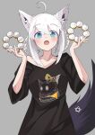  1girl :o absurdres ahoge animal_ear_fluff animal_ears black_shirt blue_eyes braid burger commentary_request cowboy_shot doughnut ear_piercing food fox_ears fox_girl fox_tail grey_background hair_between_eyes highres hololive nejima_kitsune_(shirakami_fubuki) open_mouth pentagram piercing sasamiya shirakami_fubuki shirakami_fubuki_(7th_costume) shirt sidelocks simple_background solo tail twin_braids white_hair 