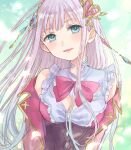  1girl atelier_(series) atelier_lulua blue_eyes bow bowtie breasts cleavage cleavage_cutout clothing_cutout elmerulia_fryxell grey_hair hair_ornament hani_(udauda) heart heart_hair_ornament long_hair lower_teeth_only medium_breasts open_mouth pink_bow pink_bowtie smile solo teeth 