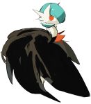  1girl arms_behind_back bare_shoulders black_dress blue_hair bob_cut closed_mouth colored_skin commentary dot_mouth dress english_commentary flat_chest full_body gardevoir hair_over_one_eye highres long_dress looking_back looking_up mega_gardevoir mega_pokemon one_eye_covered orange_eyes pokemon pokemon_(creature) short_hair simple_background solo standing strapless strapless_dress white_background white_skin zen_(koko) 