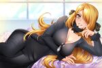  1girl black_pants black_shirt blonde_hair blush breasts cleavage closed_mouth commentary cynthia_(pokemon) english_commentary fur-trimmed_sleeves fur_collar fur_trim grey_eyes grin hair_ornament hair_over_one_eye large_breasts long_hair long_sleeves looking_at_viewer lying one_eye_covered pants patreon_username pixie_(pixieinktvis) pokemon pokemon_dppt shirt sidelocks smile solo twitter_username 