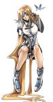  absurdres bare_legs bird black_gloves blonde_hair blue_eyes breasts dong_hole elbow_gloves fingerless_gloves gloves guilty_gear guilty_gear_x guilty_gear_xx headband high_heels highres invisible_chair long_hair medium_breasts millia_rage shaded_face sitting very_long_hair 