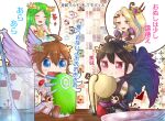  2boys 2girls angel angel_wings black_hair blonde_hair blue_eyes blush brown_hair character_food chibi closed_eyes cup dark_pit eating flower green_hair hair_flower hair_ornament highres kid_icarus kid_icarus_uprising laurel_crown multiple_boys multiple_girls nemu_(ut_kakinotane) open_mouth palutena pit_(kid_icarus) plate smile spoon tears translation_request viridi wings 