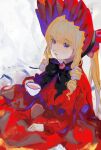  1girl black_bow black_bowtie blonde_hair blue_eyes bonnet bow bowtie bright_pupils capelet closed_mouth commentary_request cup dress drill_locks expressionless feet_out_of_frame flower flower_brooch frilled_capelet frilled_dress frills highres holding holding_cup kachimashita lolita_fashion long_dress long_hair long_sleeves looking_at_viewer red_capelet red_dress red_flower red_headwear red_rose rose rozen_maiden shinku solo tea teacup twintails very_long_hair white_pupils 