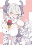  1girl blush breasts cleavage demon_girl demon_horns demon_wings dress duel_monster food gloves grey_eyes grey_hair highres horns ice large_breasts leotard leotard_under_clothes looking_at_viewer lovely_labrynth_of_the_silver_castle low_wings multiple_wings open_mouth pointy_ears solo spread_cleavage transparent_wings twintails wan_ban white_horns wings yu-gi-oh! 