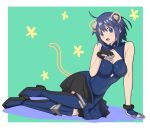  1girl animal_ears bare_shoulders blue_dress blue_eyes blue_hair boots breasts cat_ears cat_tail ciel_(tsukihime) commentary_request dress full_body gloves hirakawa large_breasts looking_at_viewer lying on_side paw_pose powered_ciel short_hair skirt sleeveless sleeveless_dress solo tail teeth thighhighs tsukihime tsukihime_(remake) upper_teeth_only 