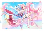  2girls blue_eyes blue_hair blue_sky bow bowtie cure_prism cure_sky feathers floating floating_hair gloves green_eyes highres hirogaru_sky!_precure lanzhu multiple_girls nijigaoka_mashiro pink_bow pink_bowtie pink_hair precure shoes sky sora_harewataru thighhighs white_gloves white_thighhighs 