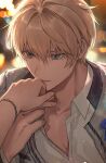  1boy backlighting blonde_hair blue_eyes blurry blurry_background bokeh bracelet depth_of_field female_pov hair_between_eyes highres holding_hands holostars jewelry kishido_temma kiss kissing_hand looking_at_another male_focus parted_lips portrait pov short_hair solo_focus virtual_youtuber yonsang_(swordmaster) 