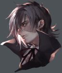  1boy black_coat black_hair black_jack_(character) black_jack_(series) closed_mouth coat collar collared_shirt from_side grey_background highres light_smile long_sideburns looking_at_viewer male_focus multicolored_hair neck_ribbon patchwork_skin realistic red_eyes red_ribbon ribbon scar scar_on_face shirt short_hair sideburns simple_background solo split-color_hair two-tone_hair white_hair white_shirt yonekura_naoyasu 