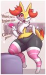  &lt;3 anthro border braixen canid canine clothed clothing condom condom_on_hand dialogue english_text female female_focus footwear fox generation_6_pokemon genitals hand_on_hip hi_res inside knee_highs knee_socks legwear looking_at_viewer mammal mostly_nude navel nintendo one_eye_closed open_mouth partially_clothed pokemon pokemon_(species) pudgy_belly pussy r-mk red_eyes sexual_barrier_device short_stack smile socks solo squish stockings talking_to_viewer text thick_thighs thigh_squish white_border wide_hips wink winking_at_viewer 