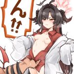  1boy 1girl ahoge black_hair blue_archive breasts coat demon_girl demon_horns demon_tail drill_hair halo hand_on_another&#039;s_crotch highres horns huge_ahoge kasumi_(blue_archive) long_hair long_sleeves navel open_clothes open_coat open_shirt red_shirt ro_(aahnn) shirt simple_background small_breasts speech_bubble tail tail_around_arm very_long_hair white_background white_coat yellow_eyes 